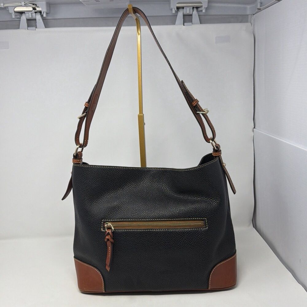 Dooney & Bourke Black Pebbled Leather Brown Trim Large Hobo Shoulder Bag - Picture 3 of 9
